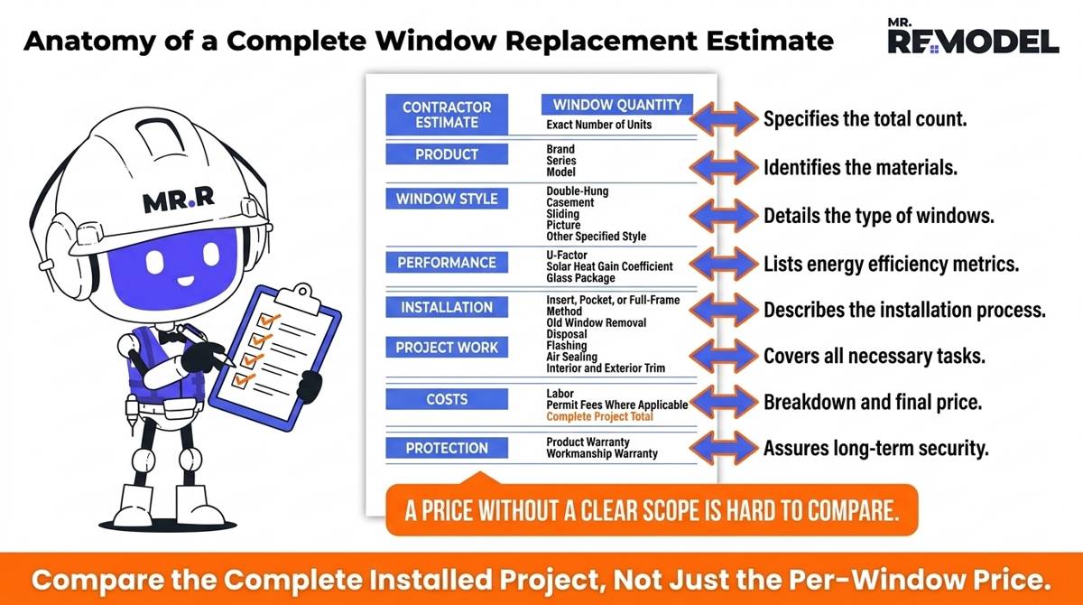 Window replacement estimate anatomy showing the product, installation method, labor, removal, flashing, sealing, trim, permits, warranties, and total project price homeowners should verify.